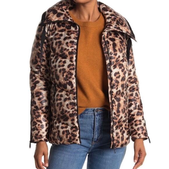 Sam Edelman Leopard Cheetah Print Puffer Funnel Neck Jacket Size M - Picture 2 of 15